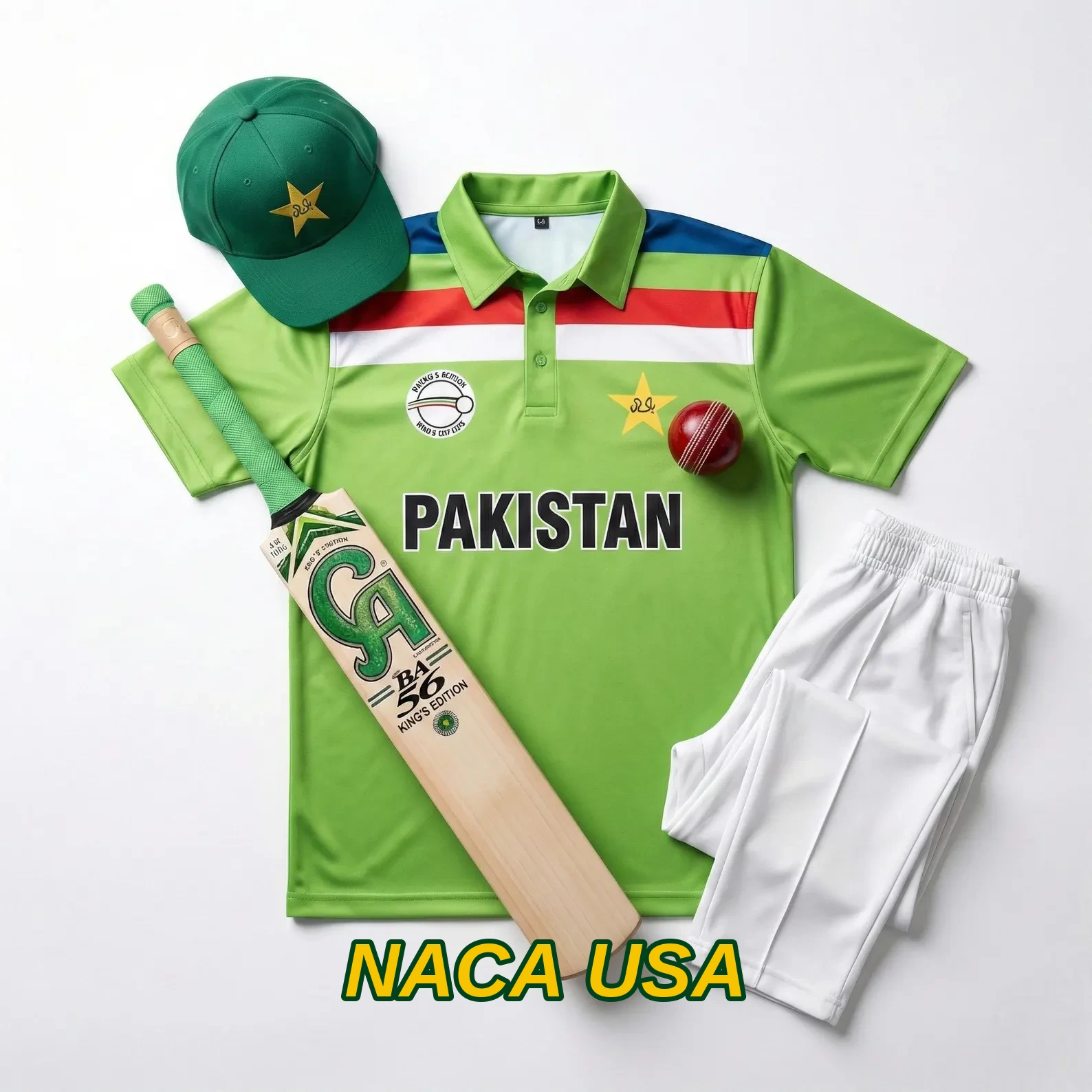 Pakistan cricket kit with jersey, flat cricket bat, pads, and helmet
